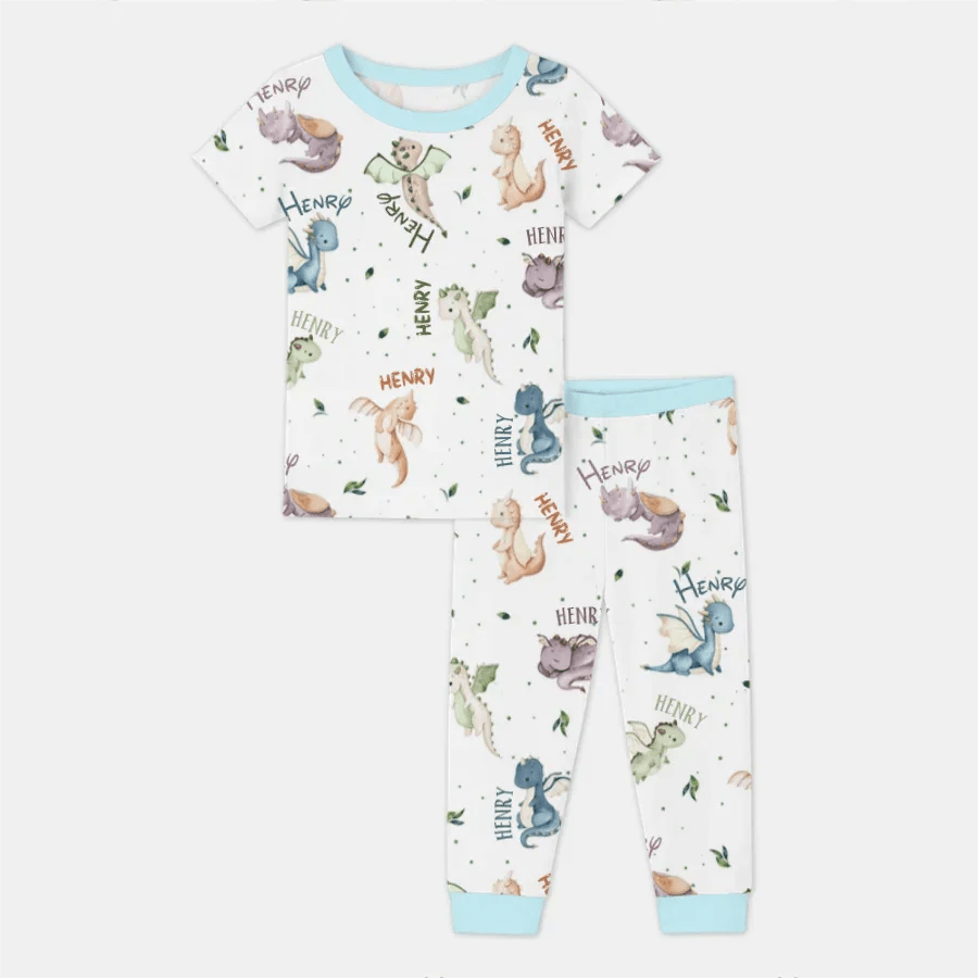 Sweet Baby Dragons Custom Name Two Piece Short Sleeve Pajama Set - Zumbamboo