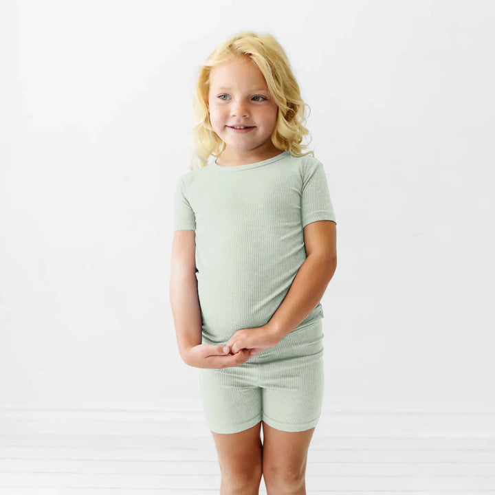 Sweet Sage Ribbed Two Piece Short Sleeve Shorts Pajama Set - Zumbamboo