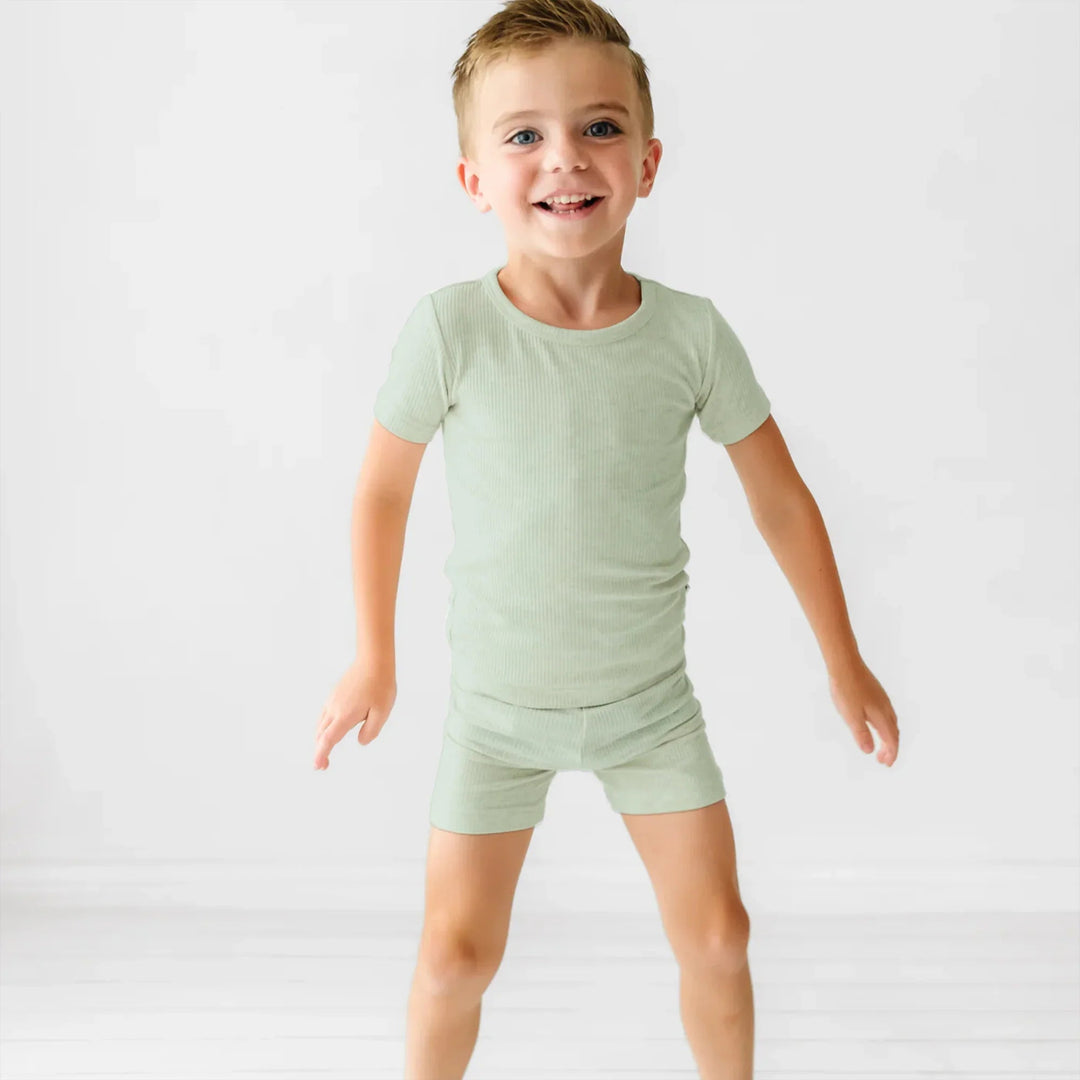 Sweet Sage Ribbed Two Piece Short Sleeve Shorts Pajama Set - Zumbamboo