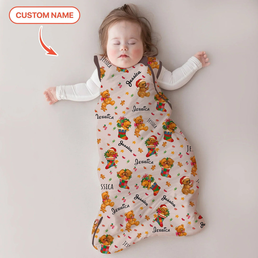 Teddy Bear Merry Christmas Custom Name Sleep Bag - Zumbamboo