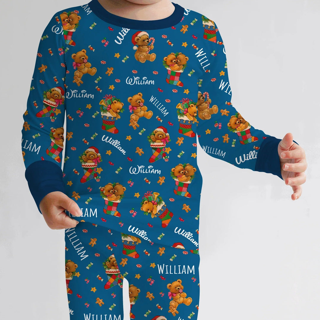 Teddy Bear Merry Christmas Custom Name Two Piece Long Sleeve Pajama Set - Zumbamboo