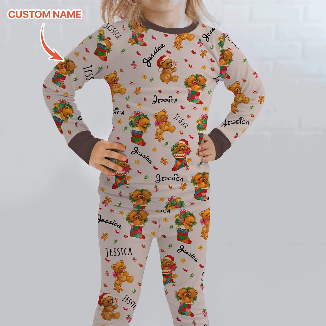 Teddy Bear Merry Christmas Custom Name Two Piece Long Sleeve Pajama Set - Zumbamboo