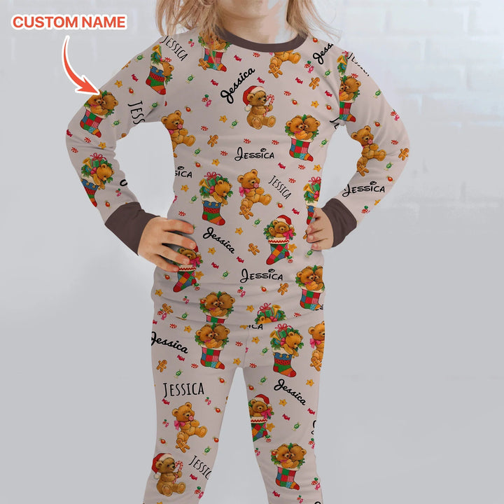 Teddy Bear Merry Christmas Custom Name Two Piece Long Sleeve Pajama Set - Zumbamboo