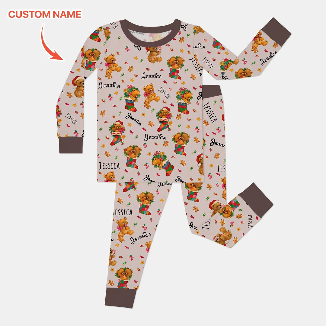 Teddy Bear Merry Christmas Custom Name Two Piece Long Sleeve Pajama Set - Zumbamboo