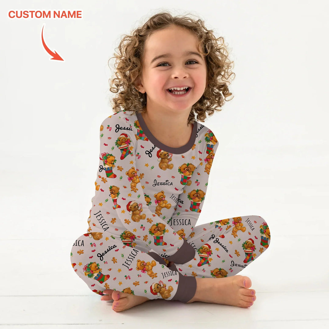Teddy Bear Merry Christmas Custom Name Two Piece Long Sleeve Pajama Set - Zumbamboo