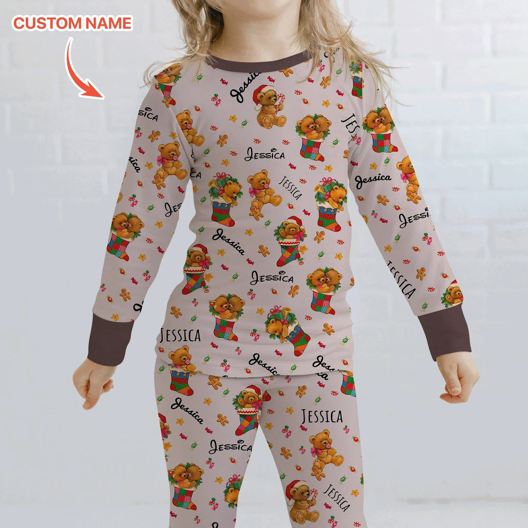 Teddy Bear Merry Christmas Custom Name Two Piece Long Sleeve Pajama Set - Zumbamboo