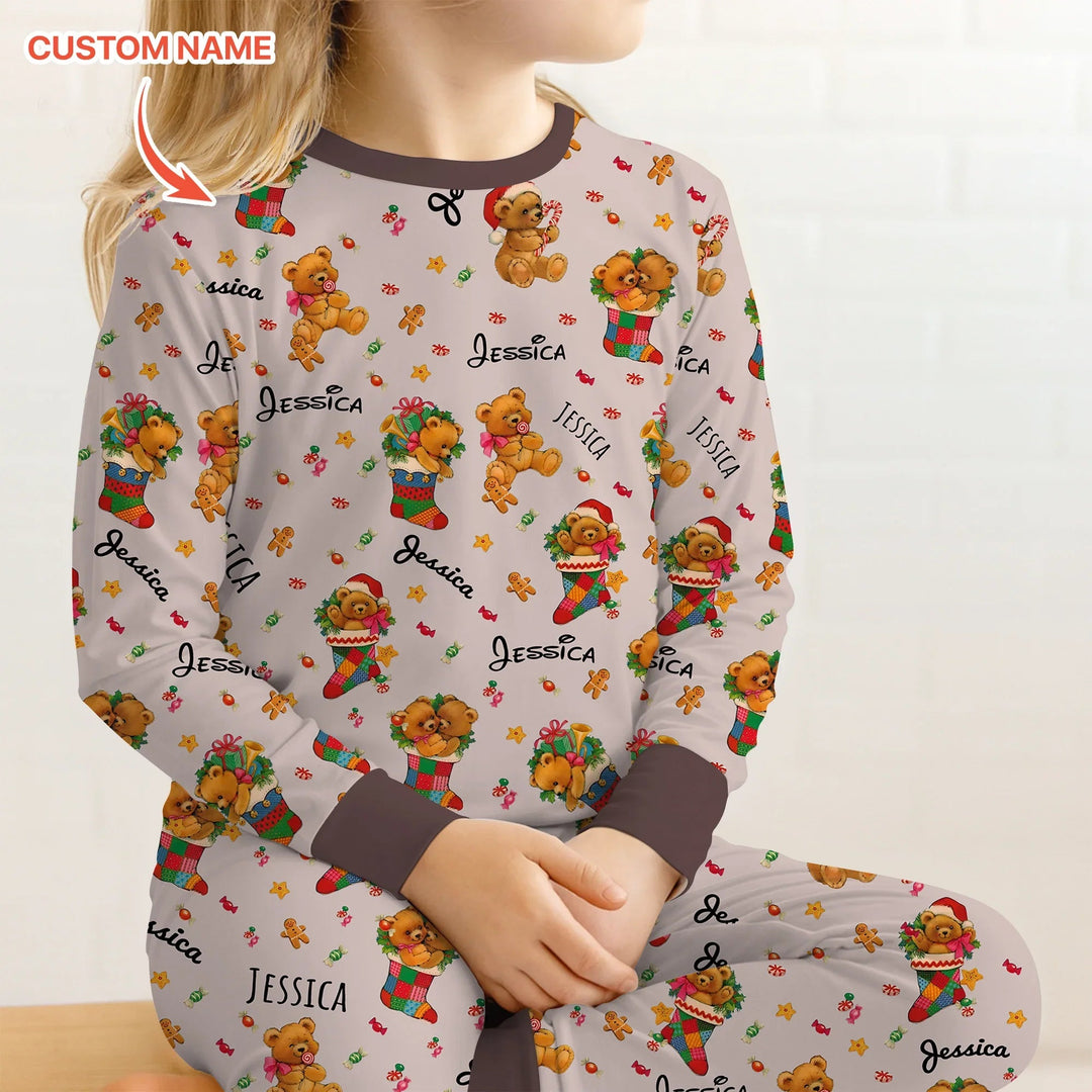 Teddy Bear Merry Christmas Custom Name Two Piece Long Sleeve Pajama Set - Zumbamboo