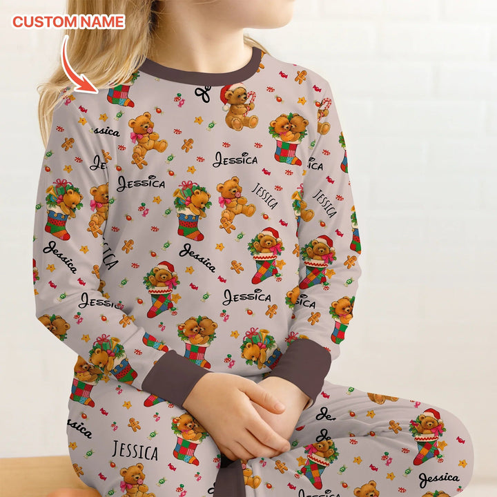 Teddy Bear Merry Christmas Custom Name Two Piece Long Sleeve Pajama Set - Zumbamboo