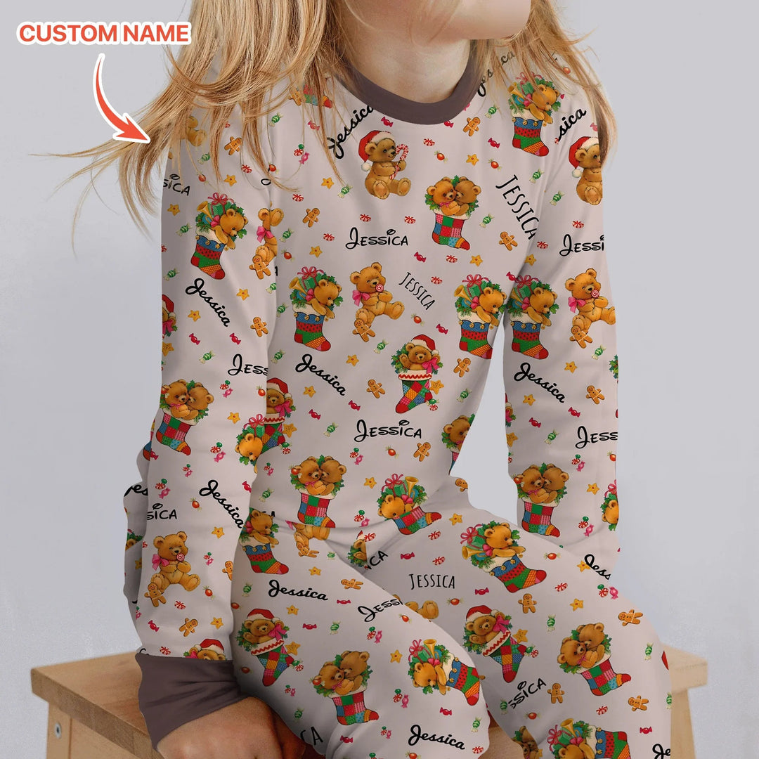 Teddy Bear Merry Christmas Custom Name Two Piece Long Sleeve Pajama Set - Zumbamboo