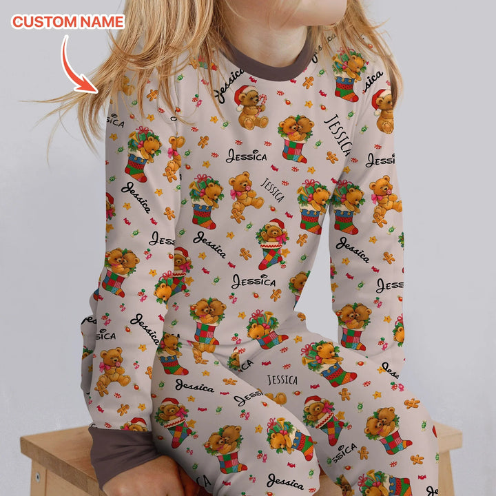 Teddy Bear Merry Christmas Custom Name Two Piece Long Sleeve Pajama Set - Zumbamboo