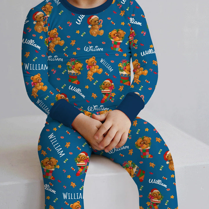 Teddy Bear Merry Christmas Custom Name Two Piece Long Sleeve Pajama Set - Zumbamboo