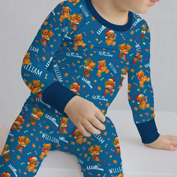 Teddy Bear Merry Christmas Custom Name Two Piece Long Sleeve Pajama Set - Zumbamboo