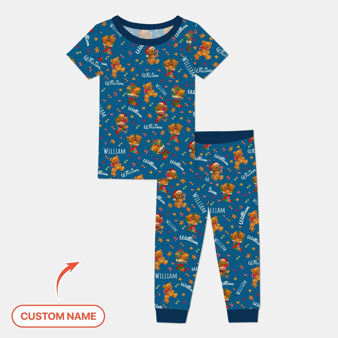 Teddy Bear Merry Christmas Custom Name Two Piece Short Sleeve Pajama Set - Zumbamboo