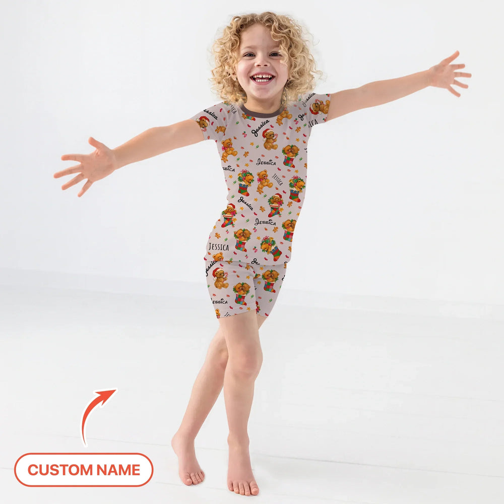 Teddy Bear Merry Christmas Custom Name Two Piece Short Sleeve Shorts Pajama Set - Zumbamboo