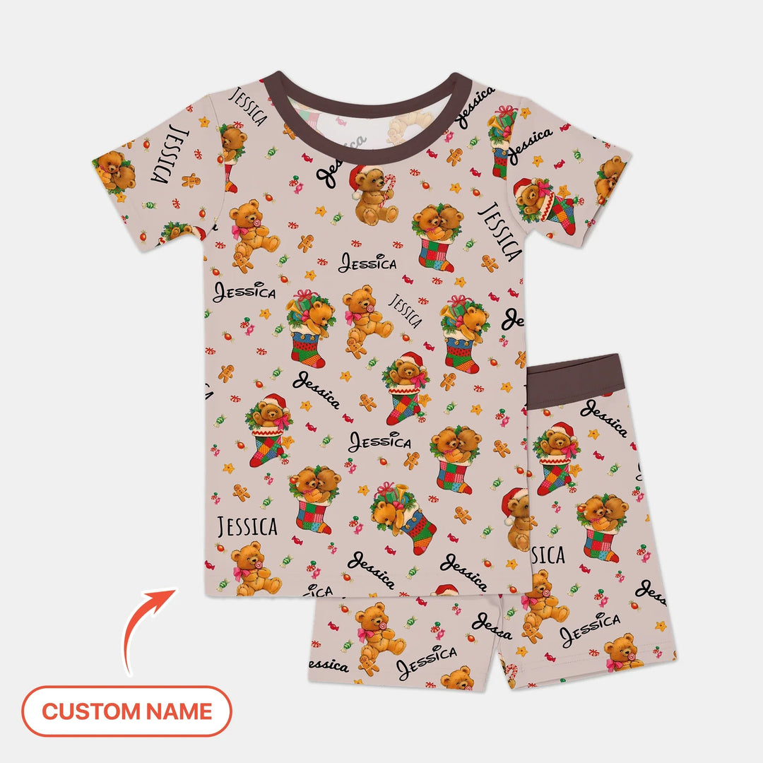 Teddy Bear Merry Christmas Custom Name Two Piece Short Sleeve Shorts Pajama Set - Zumbamboo