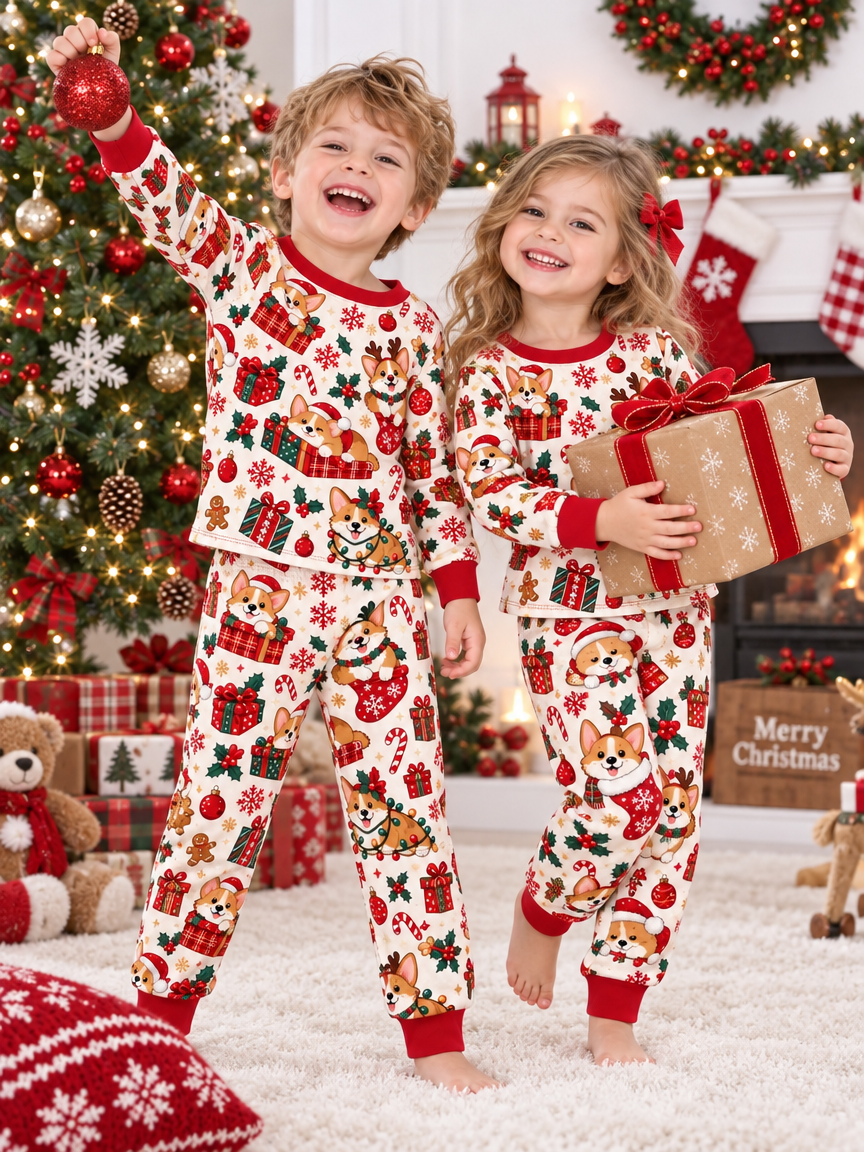 Adorable Corgi Holiday Bamboo Two Piece Long Sleeve Pajama Set