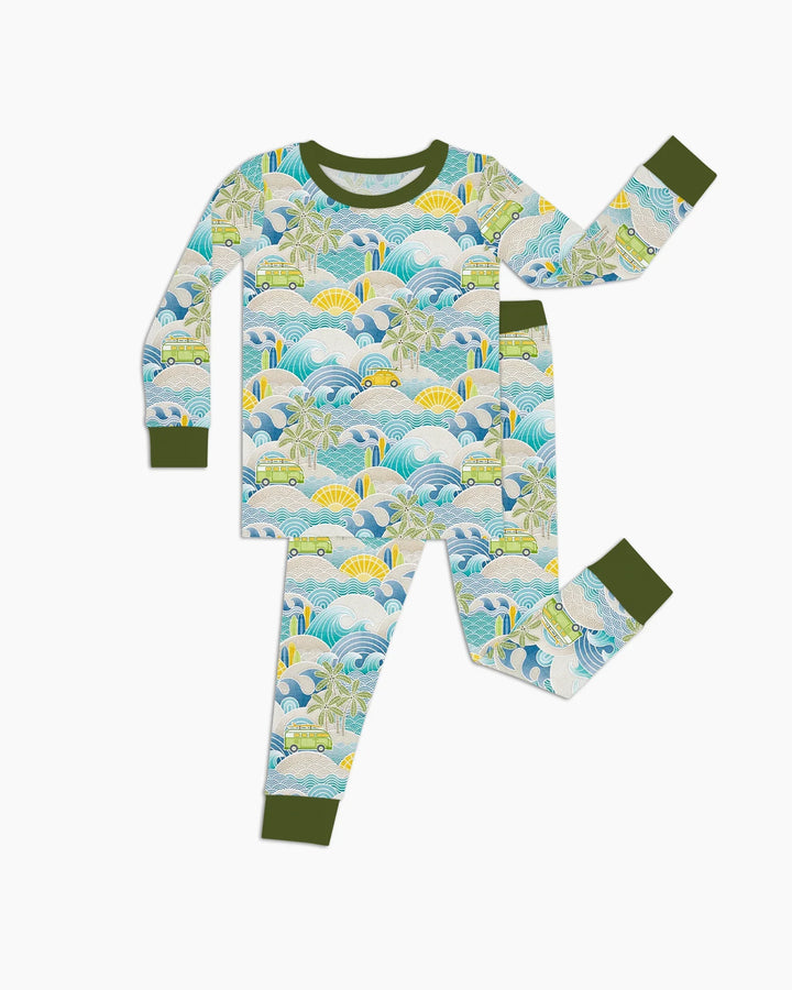 Conjunto de pijama de dos piezas de manga larga de bambú con olas y olas para viaje por la costa