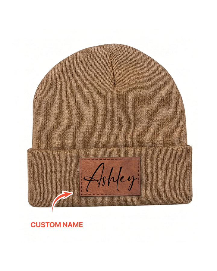 Custom Name Leather Patch Beanie