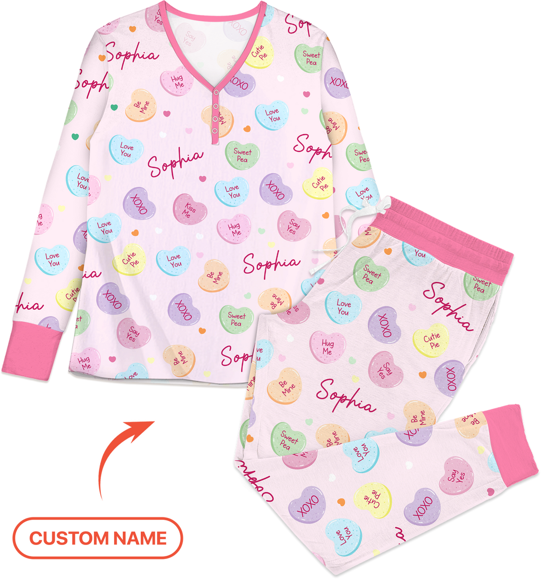 Custom Name Colorful Candy Hearts Family Matching Women Pajama Set