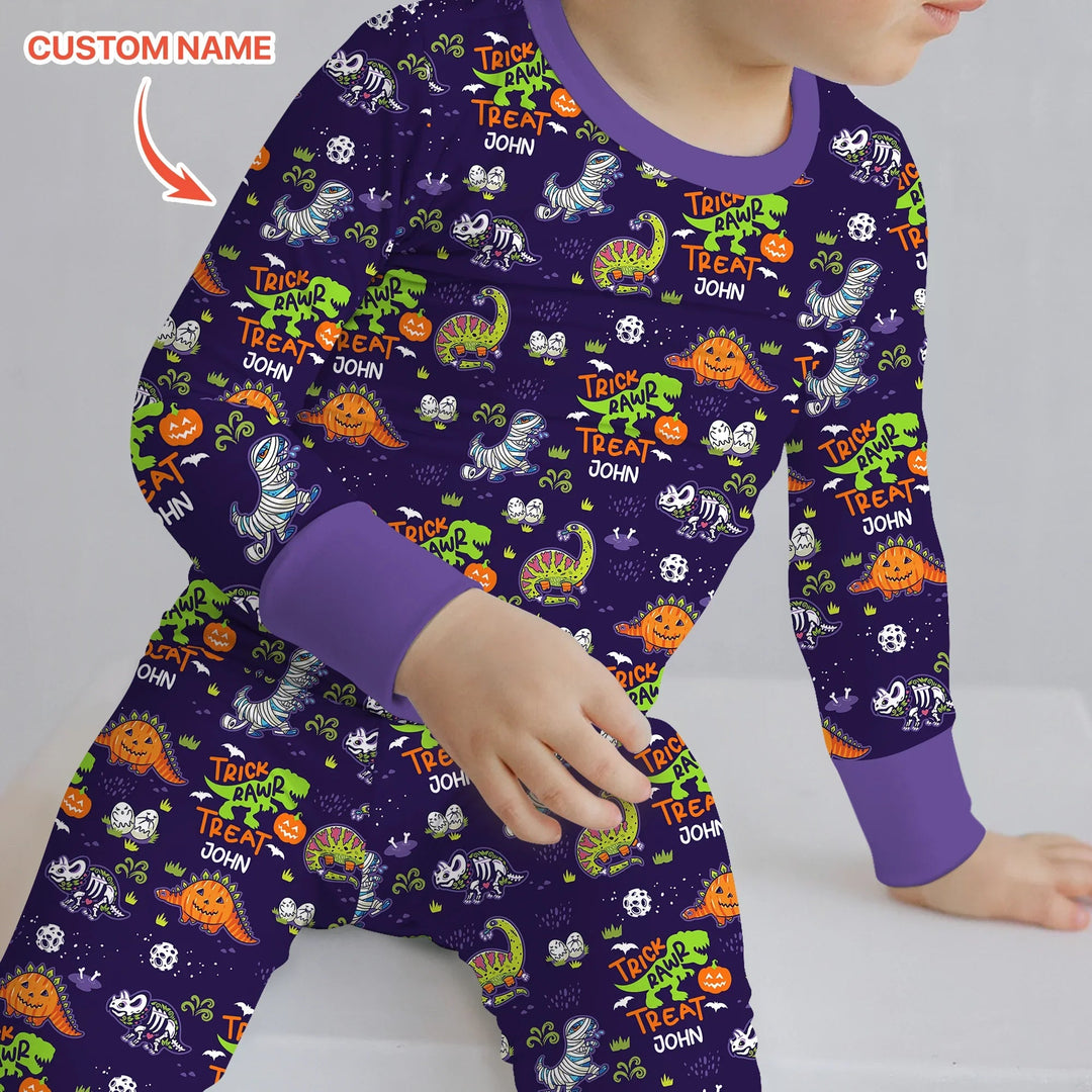 Trick Rawr Treat Custom Name Two Piece Long Sleeve Pajama Set - Zumbamboo