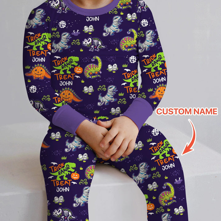 Trick Rawr Treat Custom Name Two Piece Long Sleeve Pajama Set - Zumbamboo