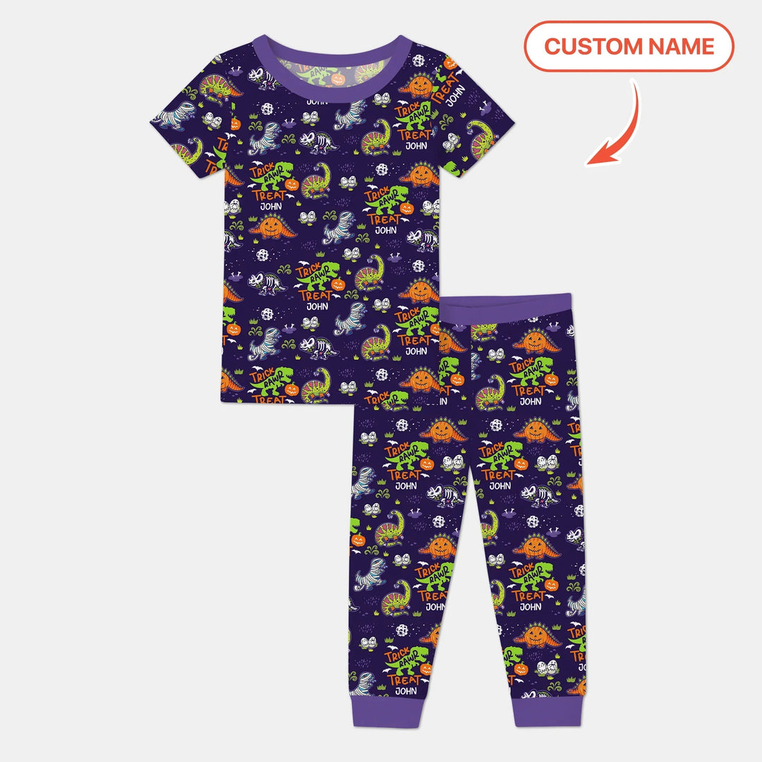 Trick Rawr Treat Custom Name Two Piece Short Sleeve Pajama Set - Zumbamboo