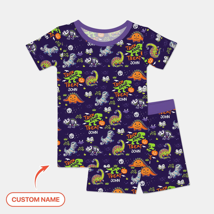 Trick Rawr Treat Custom Name Two Piece Short Sleeve Shorts Pajama Set - Zumbamboo