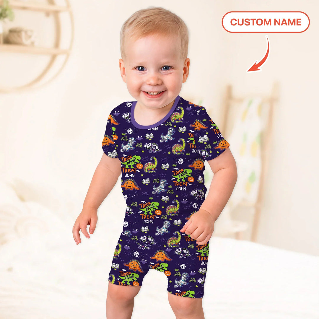 Trick Rawr Treat Custom Name Two Piece Short Sleeve Shorts Pajama Set - Zumbamboo