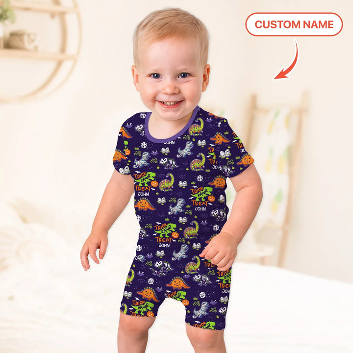 Trick Rawr Treat Custom Name Two Piece Short Sleeve Shorts Pajama Set - Zumbamboo