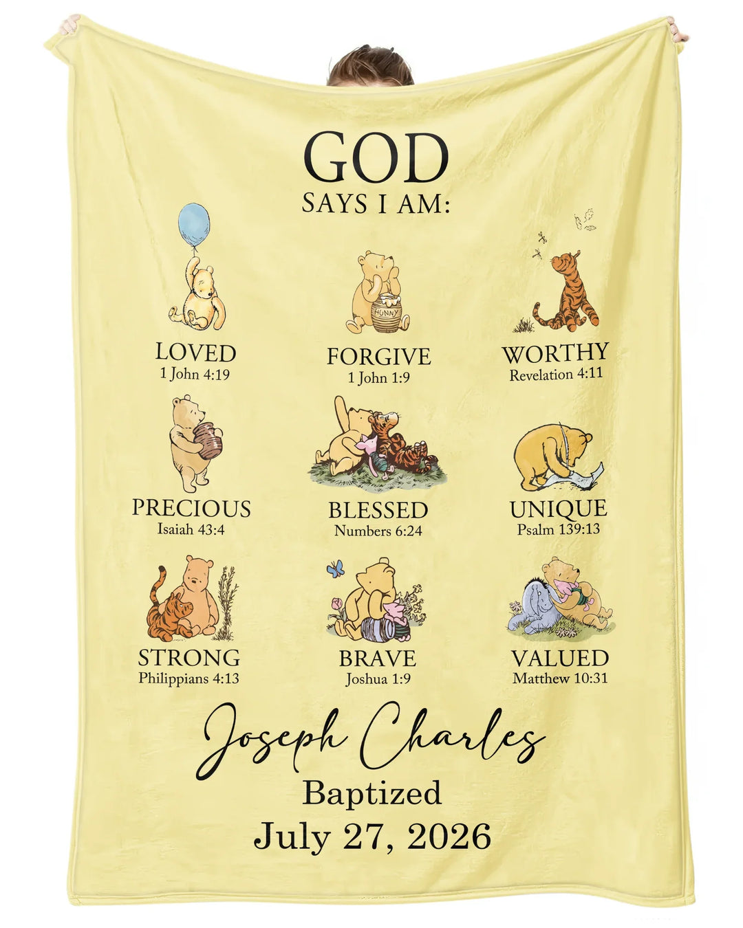 Personalized Baptism Classic Bear Bible Verses Bamboo Blanket