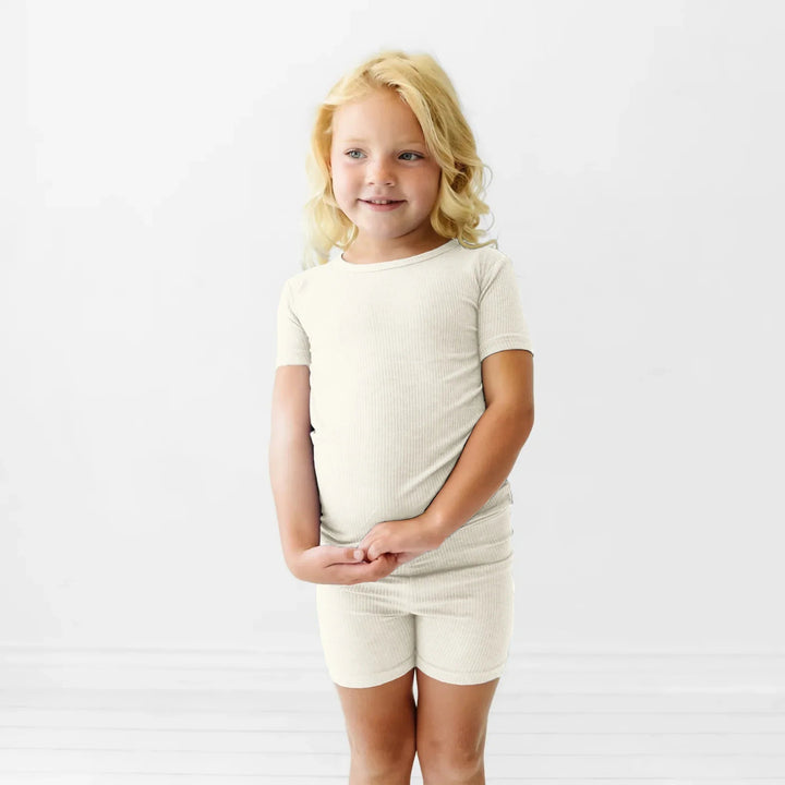 Vanilla Cream Ribbed Two Piece Short Sleeve Shorts Pajama Set - Zumbamboo