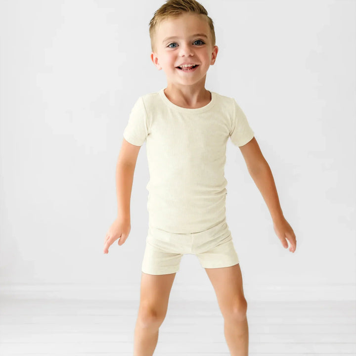 Vanilla Cream Ribbed Two Piece Short Sleeve Shorts Pajama Set - Zumbamboo