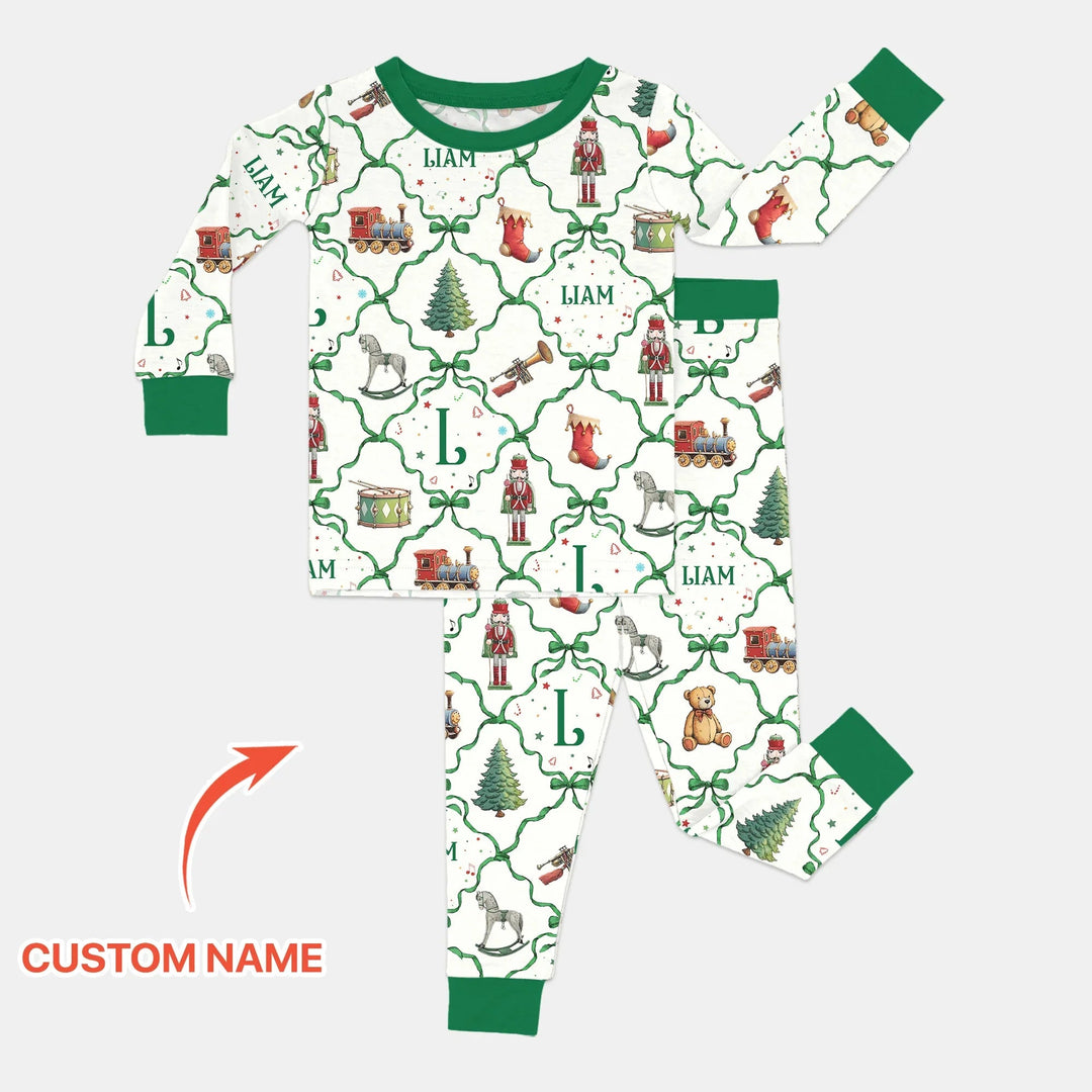 Vintage Christmas Toy Custom Name Boy Two Piece Long Sleeve Pajama Set - Zumbamboo