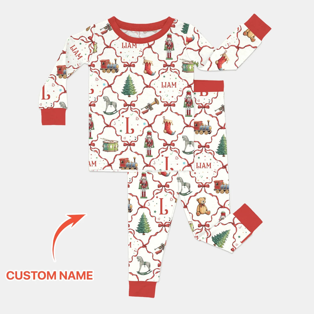 Vintage Christmas Toy Custom Name Boy Two Piece Long Sleeve Pajama Set - Zumbamboo