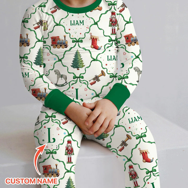 Vintage Christmas Toy Custom Name Boy Two Piece Long Sleeve Pajama Set - Zumbamboo