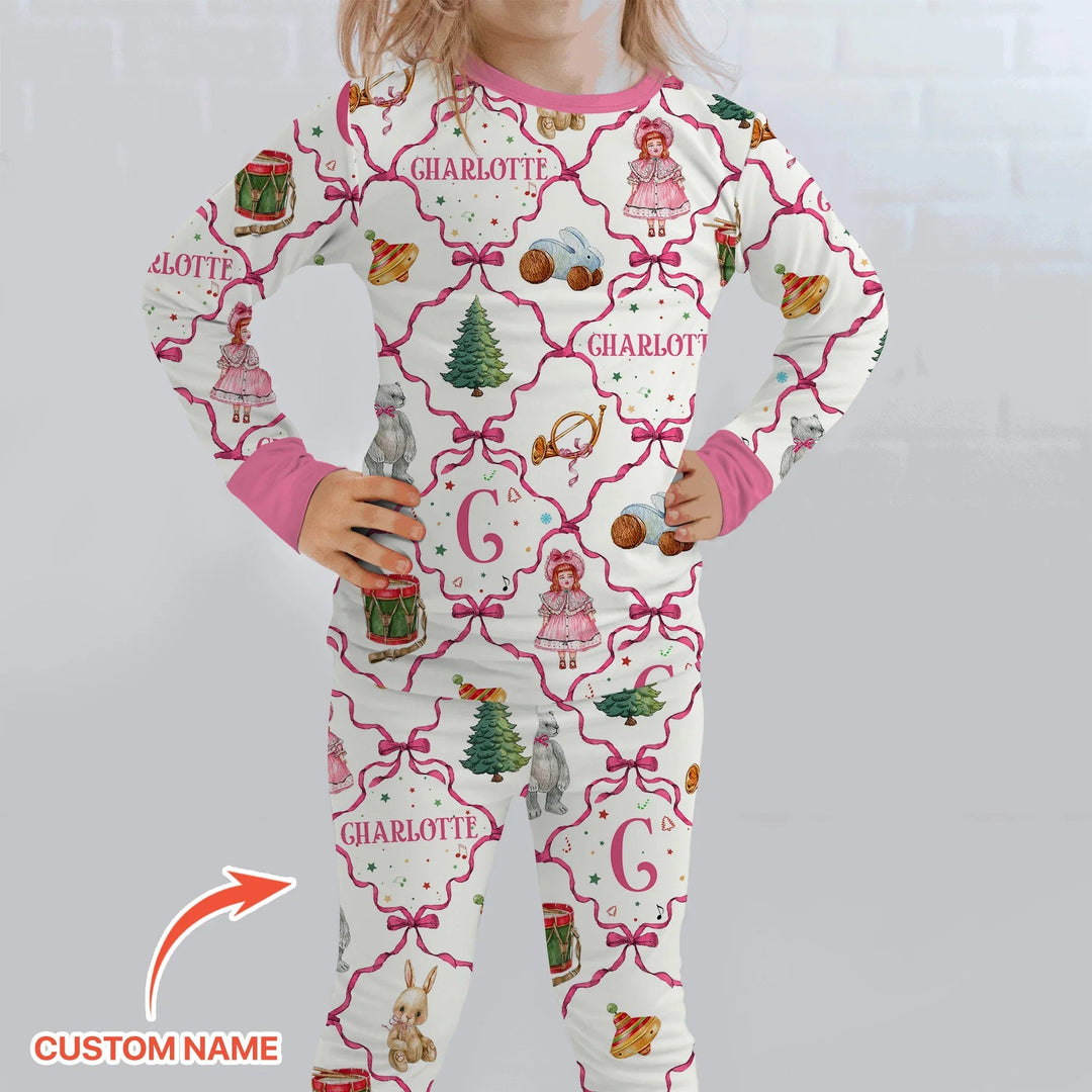 Vintage Christmas Toy Custom Name Girl Two Piece Long Sleeve Pajama Set , Vintage Christmas Toy Custom Name Girl Two Piece Long Sleeve Pajama Set - 12-18M