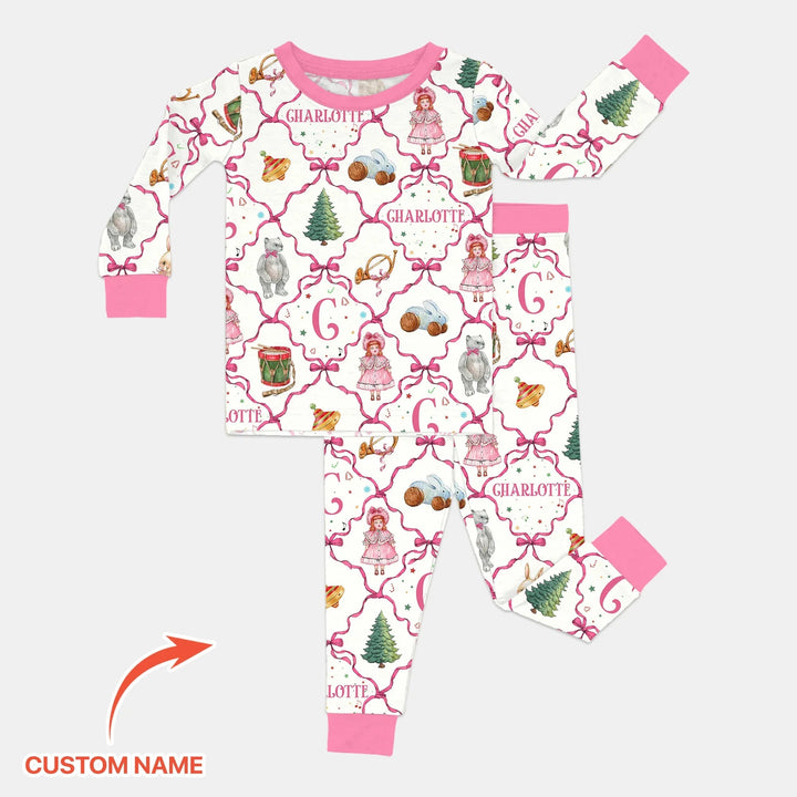 Vintage Christmas Toy Custom Name Girl Two Piece Long Sleeve Pajama Set , Vintage Christmas Toy Custom Name Girl Two Piece Long Sleeve Pajama Set - 12-18M