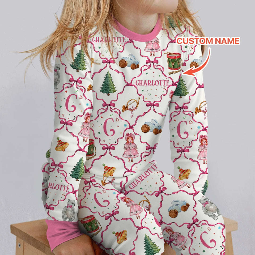 Vintage Christmas Toy Custom Name Girl Two Piece Long Sleeve Pajama Set , Vintage Christmas Toy Custom Name Girl Two Piece Long Sleeve Pajama Set - 12-18M