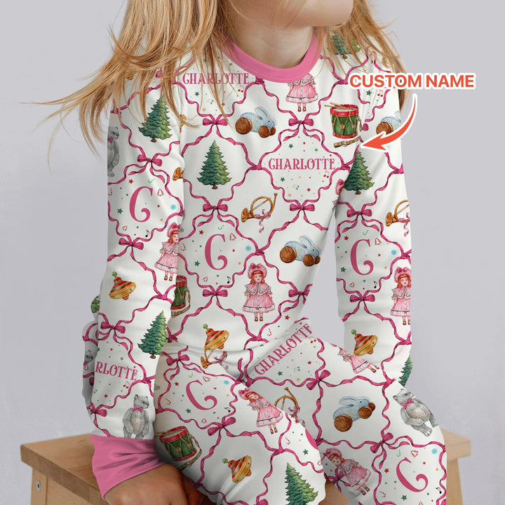 Vintage Christmas Toy Custom Name Girl Two Piece Long Sleeve Pajama Set , Vintage Christmas Toy Custom Name Girl Two Piece Long Sleeve Pajama Set - 12-18M