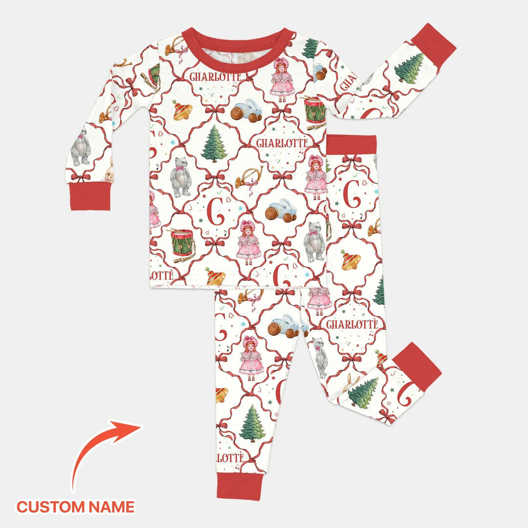 Vintage Christmas Toy Custom Name Girl Two Piece Long Sleeve Pajama Set , Vintage Christmas Toy Custom Name Girl Two Piece Long Sleeve Pajama Set - 12-18M