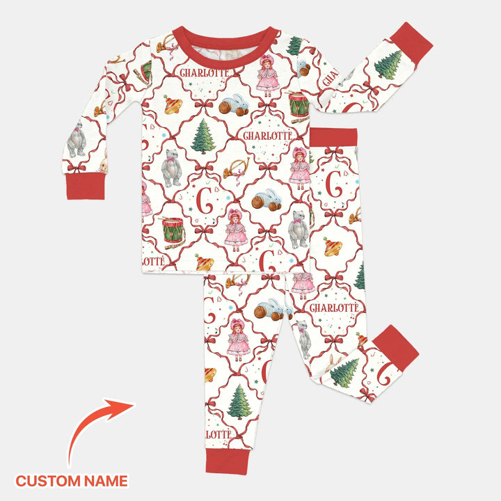 Vintage Christmas Toy Custom Name Girl Two Piece Long Sleeve Pajama Set , Vintage Christmas Toy Custom Name Girl Two Piece Long Sleeve Pajama Set - 12-18M