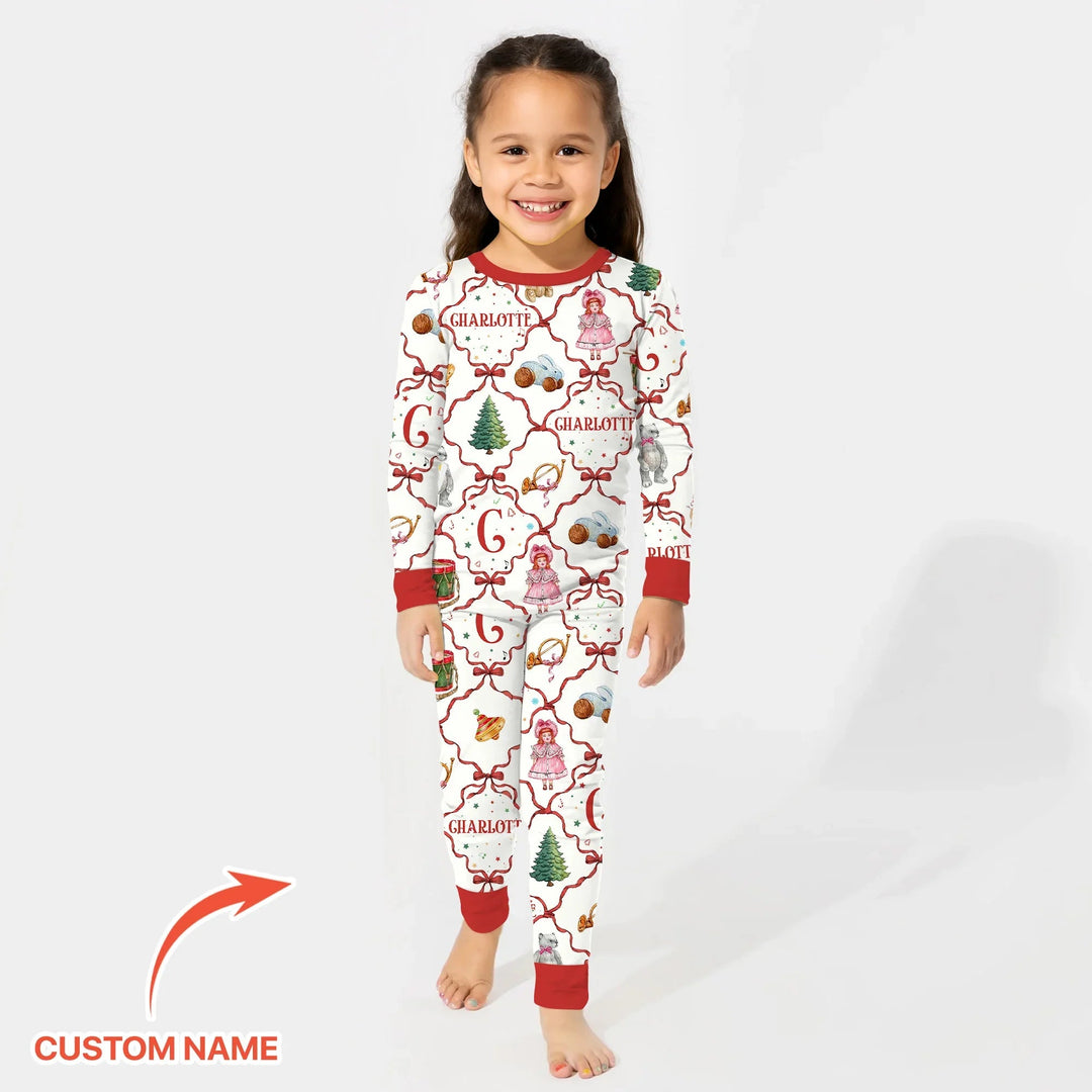 Vintage Christmas Toy Custom Name Girl Two Piece Long Sleeve Pajama Set , Vintage Christmas Toy Custom Name Girl Two Piece Long Sleeve Pajama Set - 12-18M