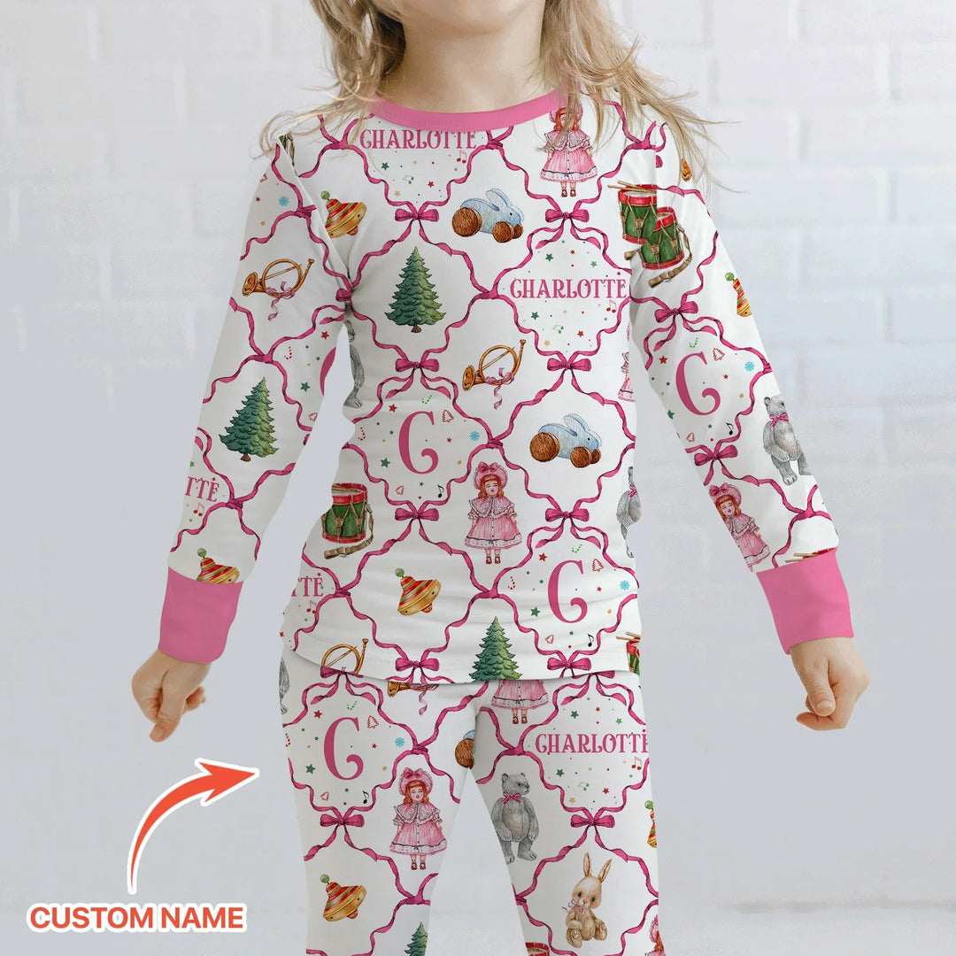 Vintage Christmas Toy Custom Name Girl Two Piece Long Sleeve Pajama Set , Vintage Christmas Toy Custom Name Girl Two Piece Long Sleeve Pajama Set - 12-18M