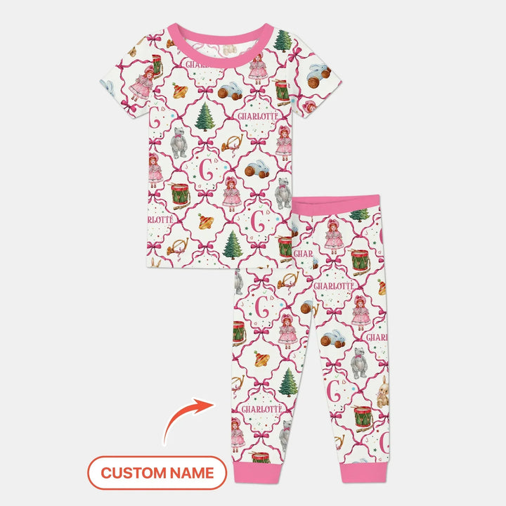 Vintage Christmas Toy Custom Name Girl Two Piece Short Sleeve Pajama Set , Vintage Christmas Toy Custom Name Girl Two Piece Short Sleeve Pajama Set - 12-18M