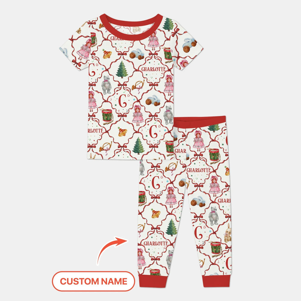 Vintage Christmas Toy Custom Name Girl Two Piece Short Sleeve Pajama Set - Zumbamboo