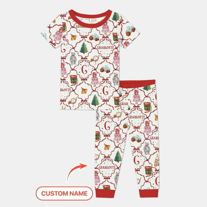 Vintage Christmas Toy Custom Name Girl Two Piece Short Sleeve Pajama Set , Vintage Christmas Toy Custom Name Girl Two Piece Short Sleeve Pajama Set - 12-18M