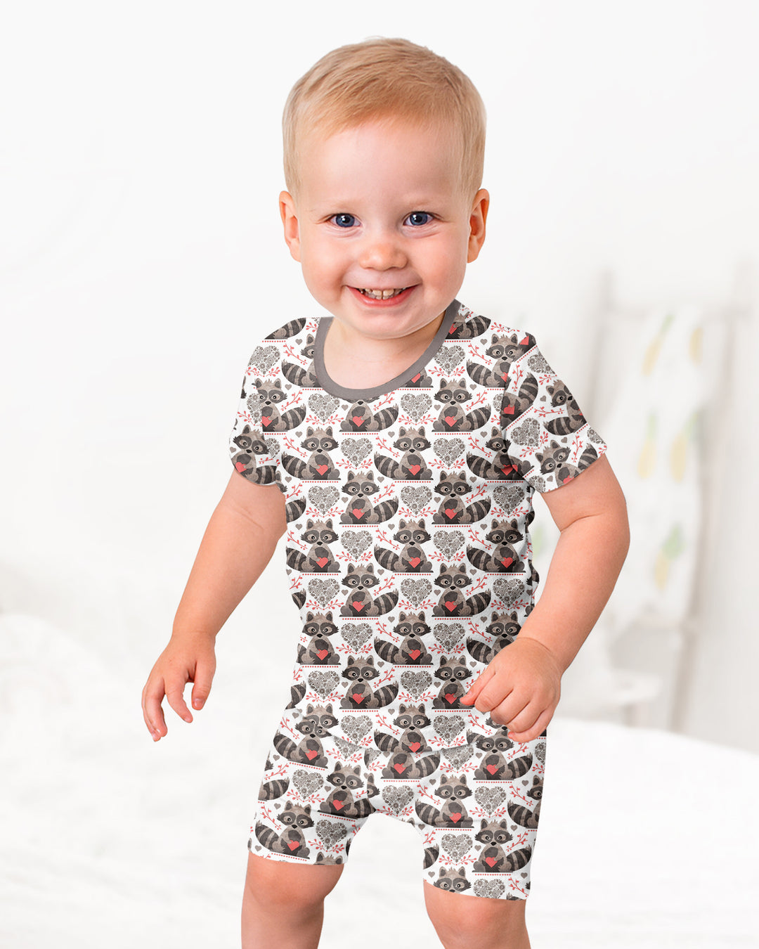 Valentine Racoon Bamboo Two Piece Short Sleeve Shorts Pajama Set