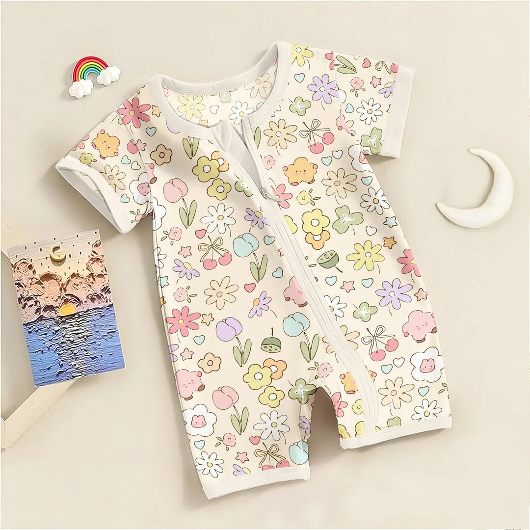 Whimsical Bloom Shorty Zippered Romper , Whimsical Bloom Shorty Zippered Romper - 0-3M