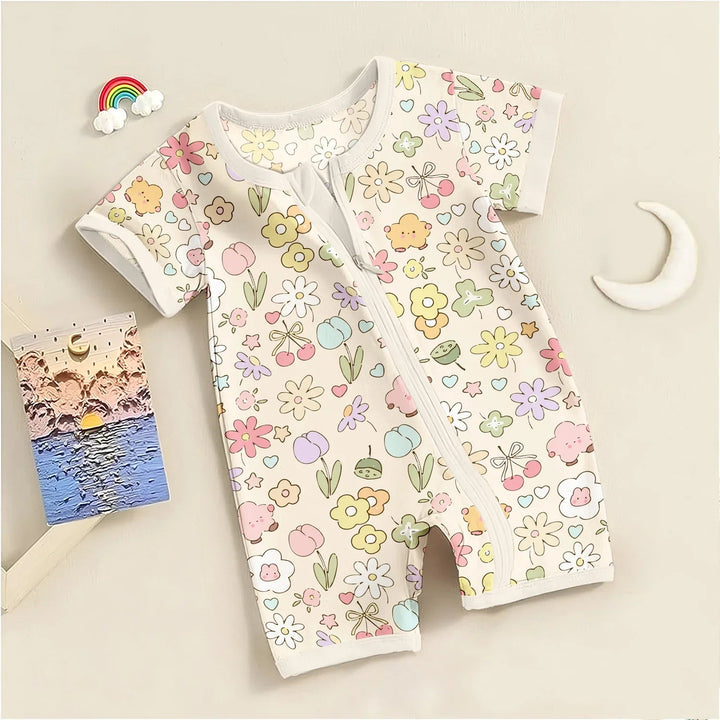 Whimsical Bloom Shorty Zippered Romper , Whimsical Bloom Shorty Zippered Romper - 0-3M