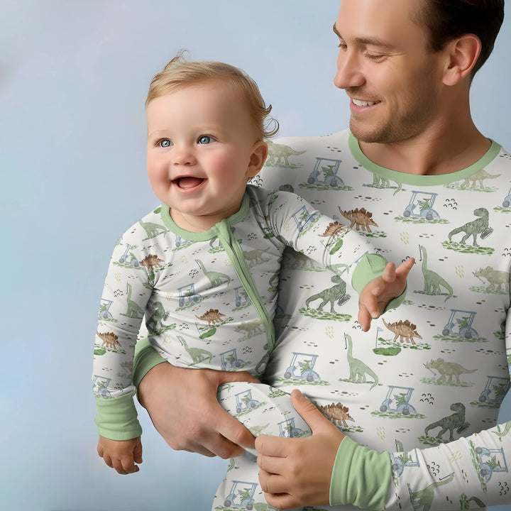 Dinos On The Green Daddy & Me Matching Bamboo Two Piece Long Sleeve Pajama Set